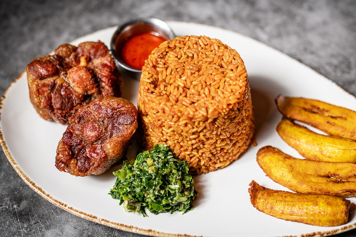 Jollof rice, plantains and meat